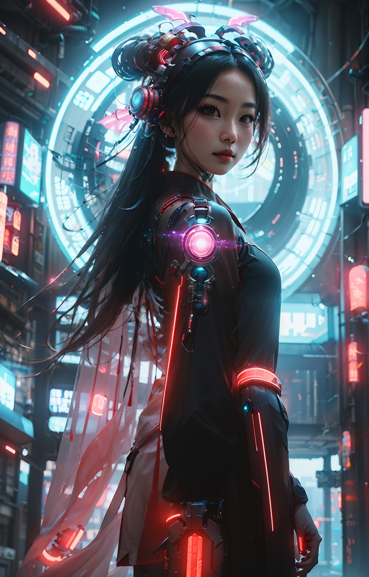 1 girl, solo, cyberhanfu, long sleeves, chinese_clothes, in red and black, cyberpunk city, dynamic pose, Headdress, hair o...